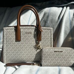 Michael Kors Cream and Brown Signature Satchel and matching wallet